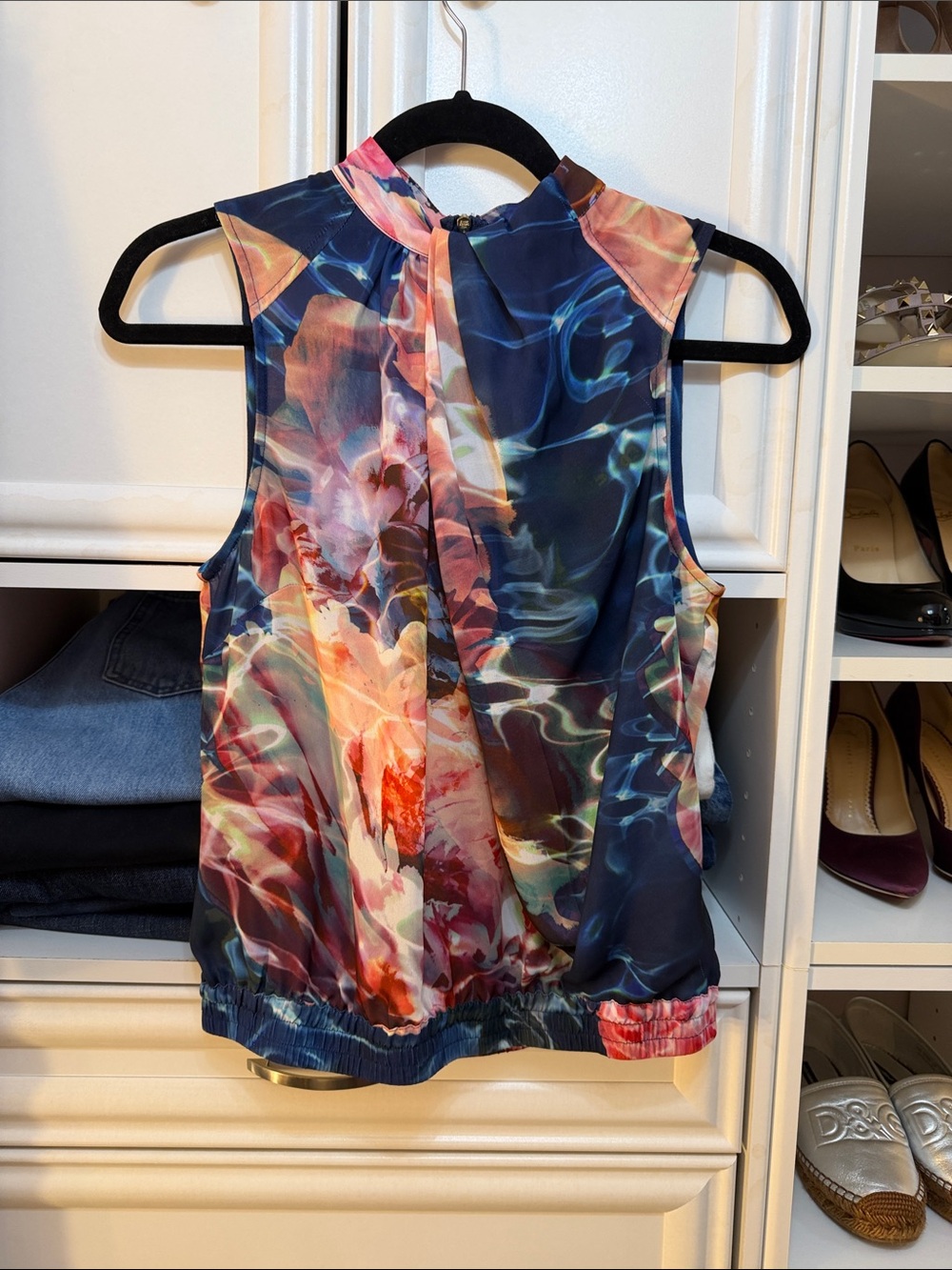 bebe Navy Multi Floral Watercolor Sleeveless Blouse